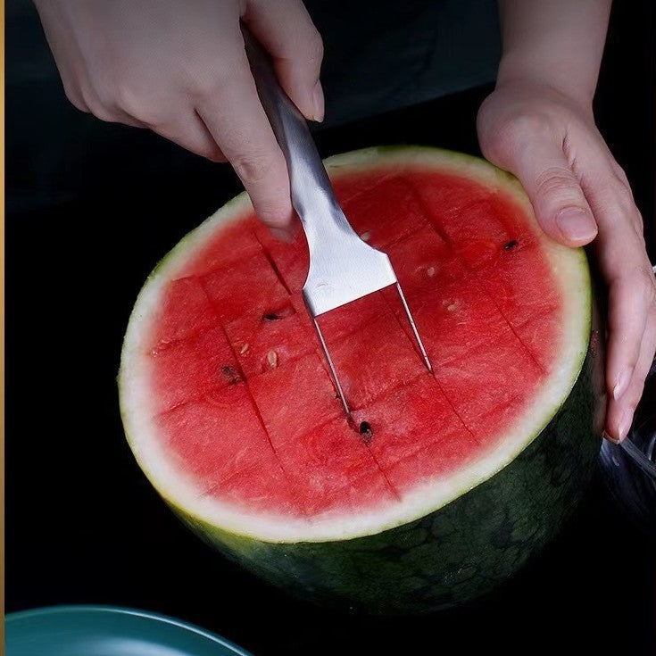 Trancheuse de pastèque en acier inoxydable, trancheuse de pastèque en acier inoxydable à usage multiple Cutter Coupe de fruits Fourchette Diviseur de fruits Gadgets de cuisine