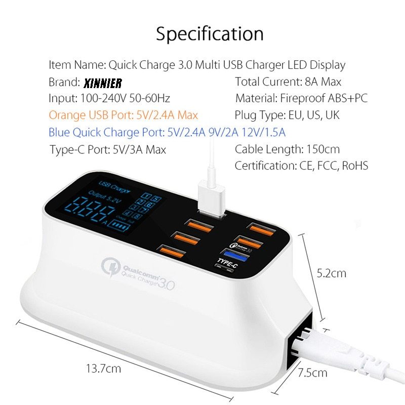 Charge rapide 3.0/Intelligent Ordinaire USB Chargeur Station