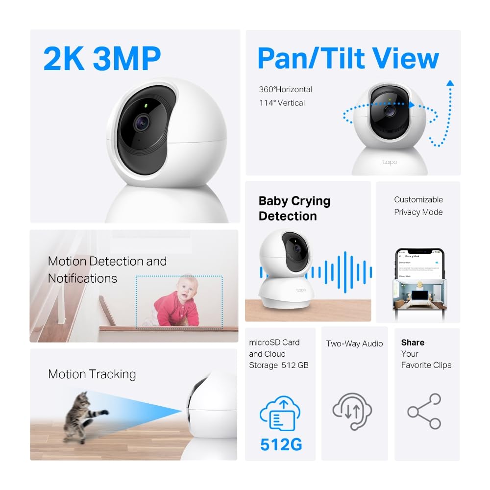 Tapo C210 Cámara de Vigilancia WiFi Interior 2K (3MP), Detección de Personas, Audio Bidireccional, Compatible con Alexa y Google Assistant, para Bebés/Mascotas