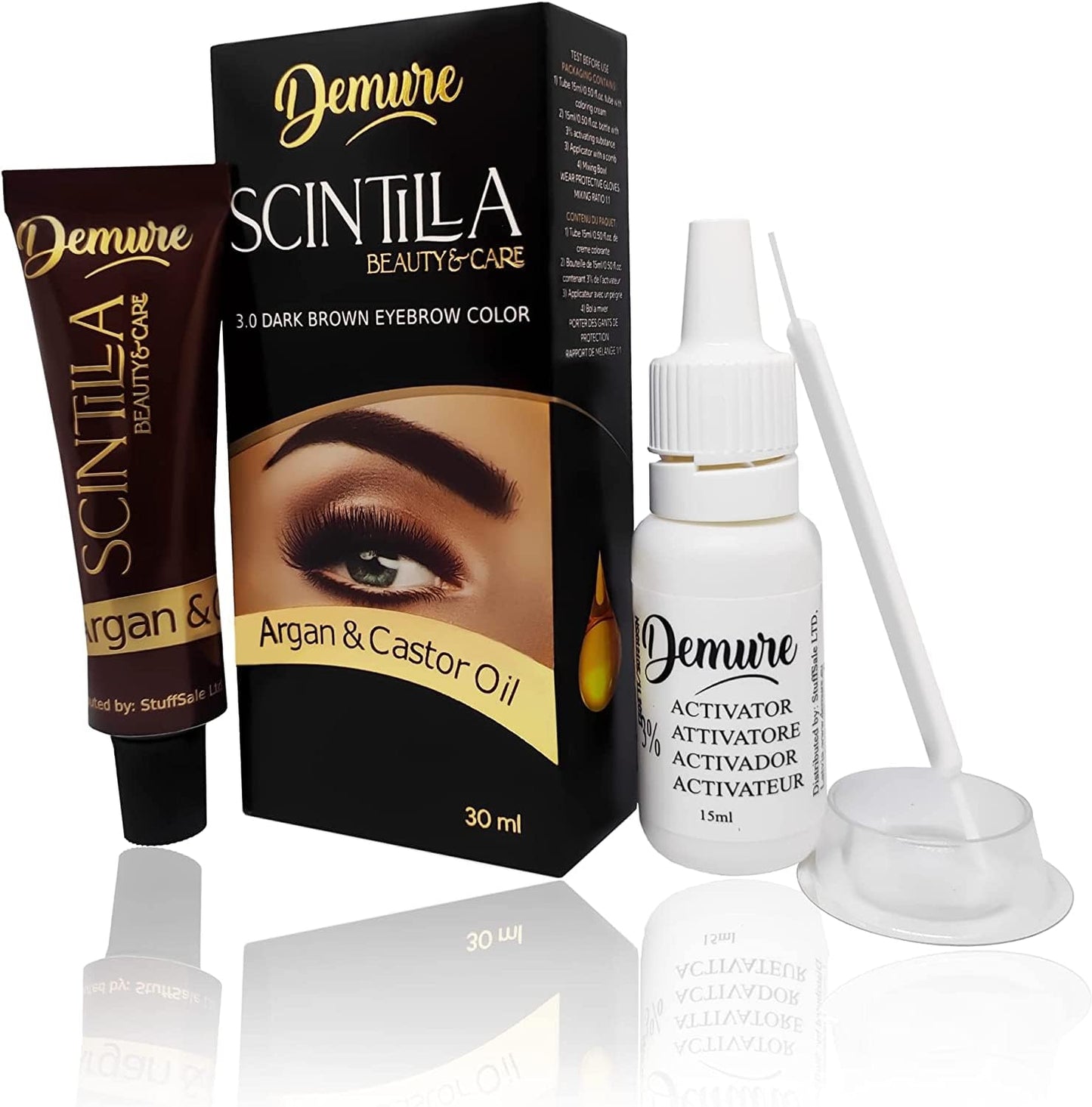 Kit de teinture pour sourcils Demure, formule professionnelle pour les sourcils - contient de l'huile d'argan et de l'huile de ricin (oméga 6, carotène, vitamines А, Е, F) (1.0 Noir)