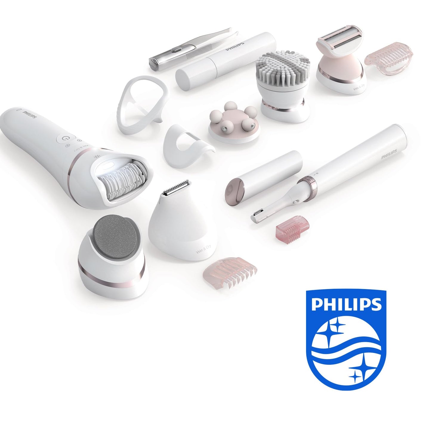 Philips Series 9000 - set beauté, Epilateur tout-en-un pour le corps, le visage et les pieds, appareil Wet & Dry sans fil pour épilation et soin de la peau, avec 12 accessoires, (modèle BRE740/90)