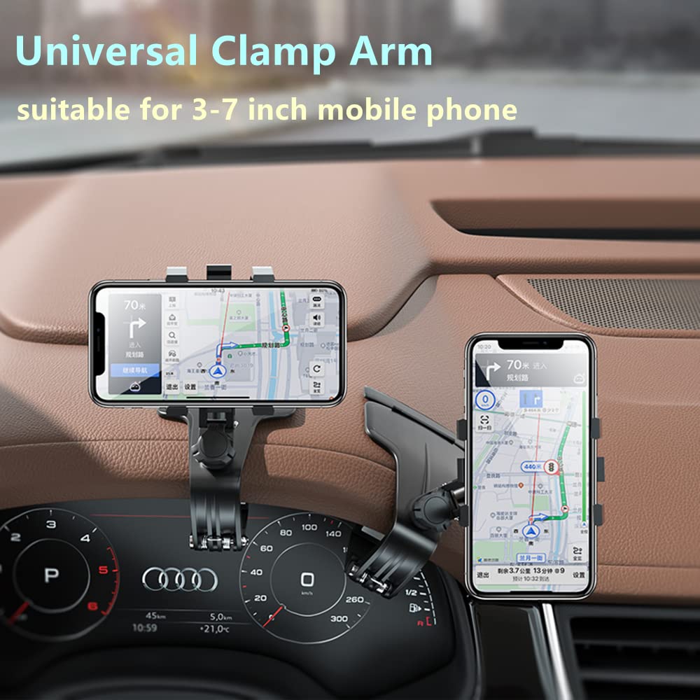 DMJWAN Support de téléphone de Voiture, rétroviseur Multifonction pour Tableau de Bord de Voiture avec Pince à Ressort réglable à 360 °, adapté aux Smartphones de 3 à 7 Pouces