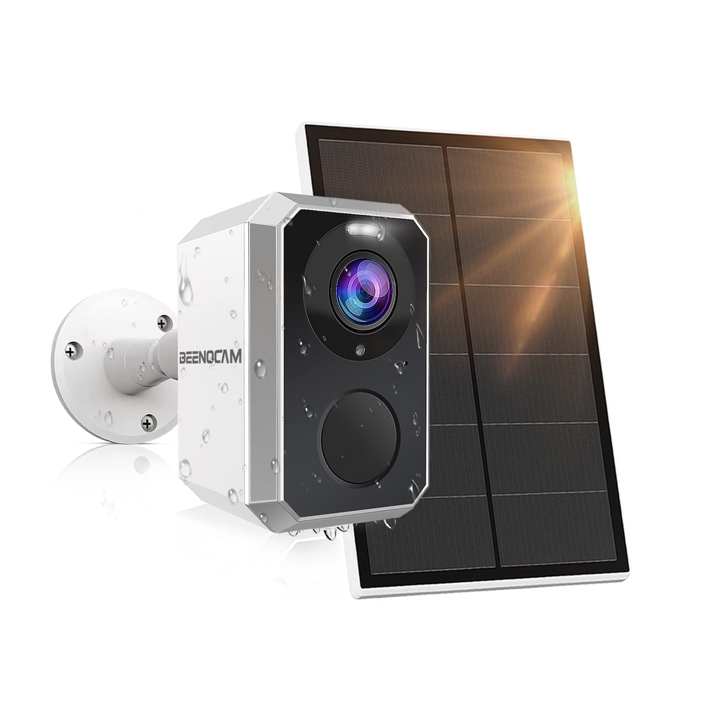 BEENOCAM 3MP 2K Caméra Surveillance WiFi Extérieure sans Fil Batterie,Camera Solaire avec Panneau Solaire,Vision Nocturne Couleur 30M,Détection Humaine PIR,Audio Bidirectionnel,Alarme,Étanche IP66