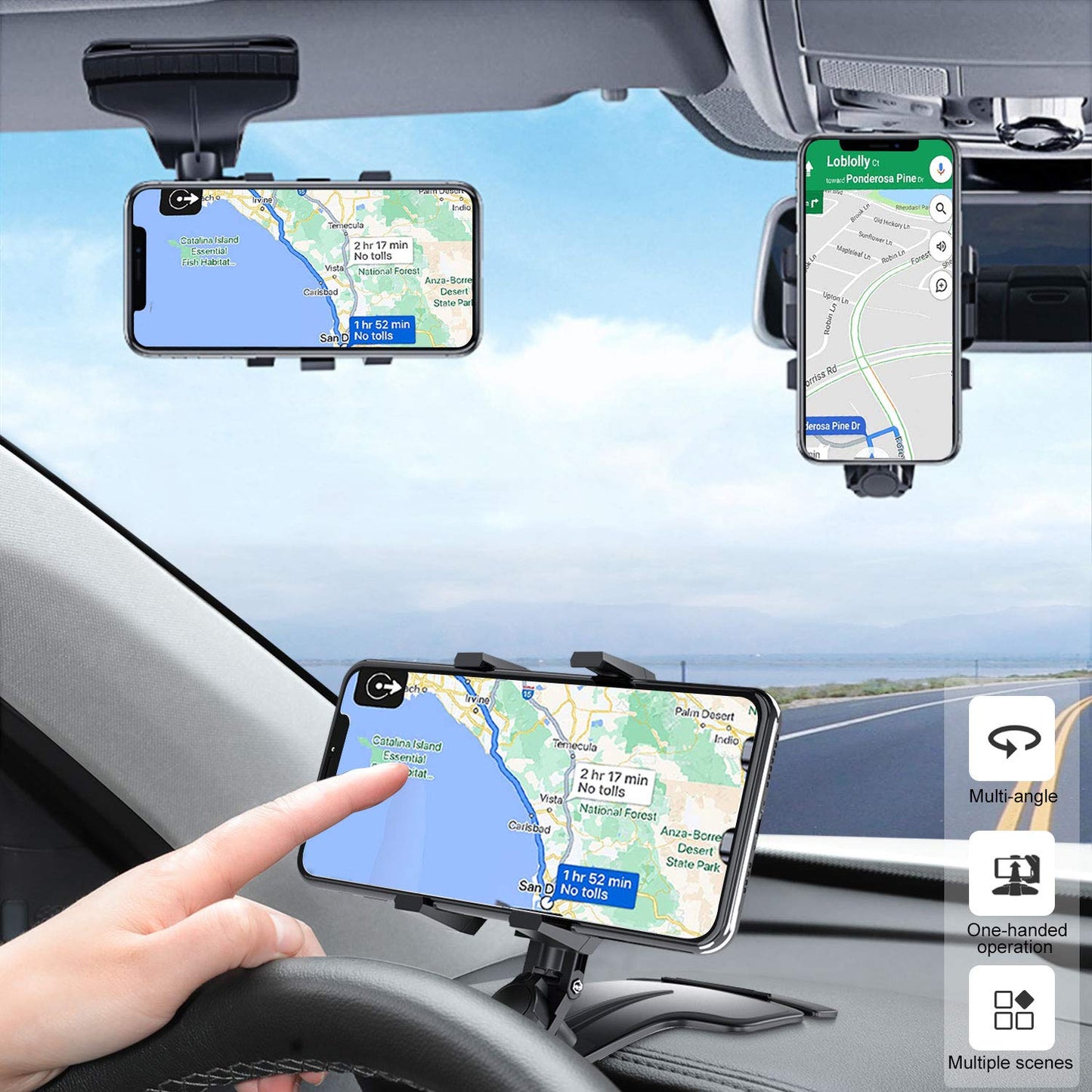 DMJWAN Support de téléphone de Voiture, rétroviseur Multifonction pour Tableau de Bord de Voiture avec Pince à Ressort réglable à 360 °, adapté aux Smartphones de 3 à 7 Pouces