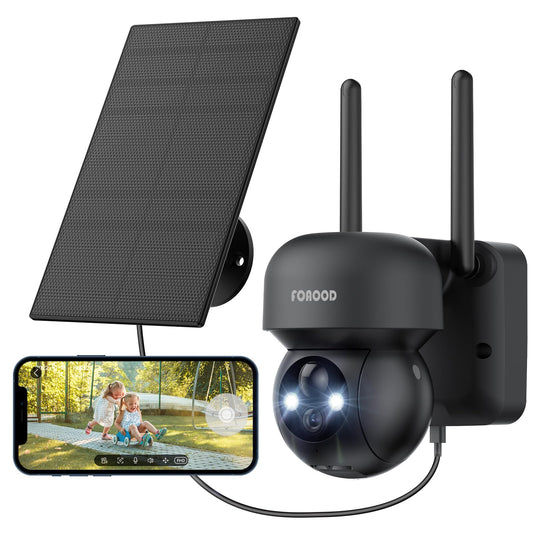 FOAOOD Cámara de vigilancia WiFi inalámbrica para exteriores 2K - Cámara de vigilancia PTZ de 360° Baterías y cámara solar Visión nocturna en color Detección humana Audio bidireccional IP66