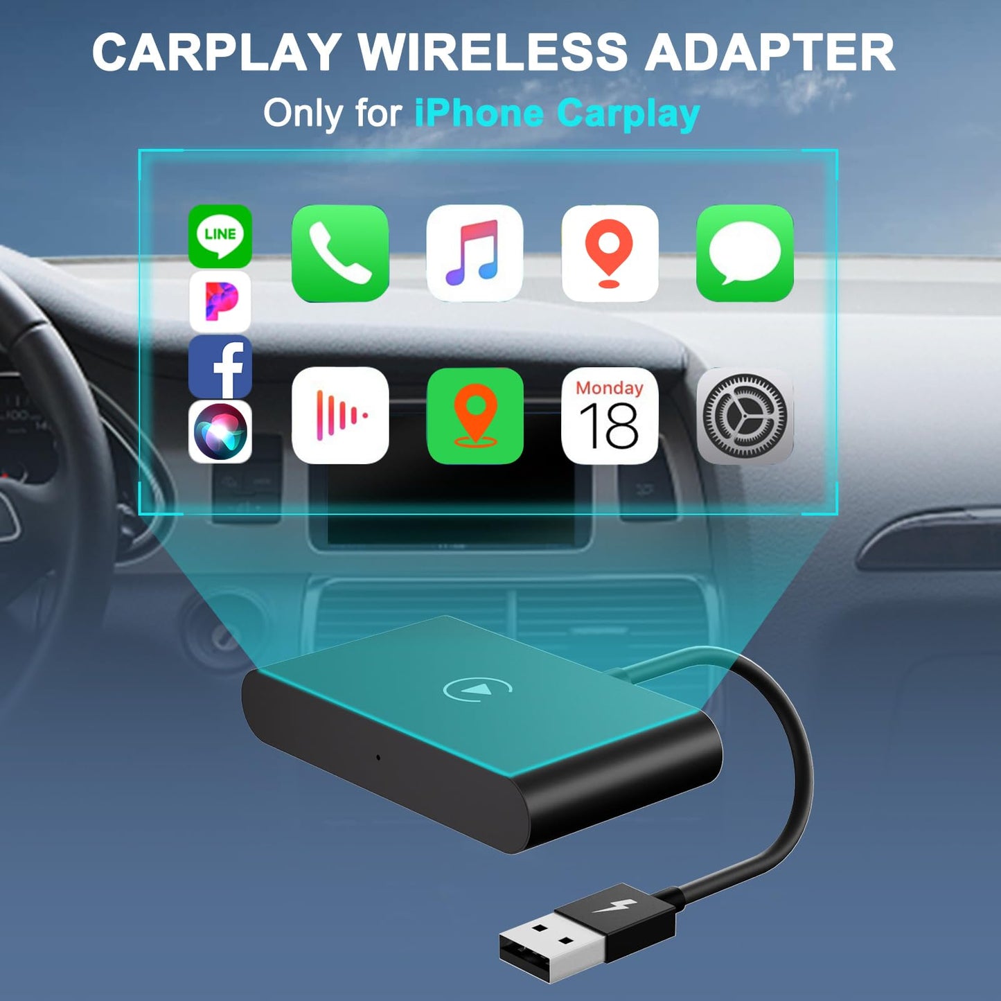 Adaptador Carplay inalámbrico, Car Play inalámbrico para iPhone, Bluetooth CarPlay Convierte OEM Car Play cableado a inalámbrico para Audi, Porsche, Volvo, Mercedes, etc.