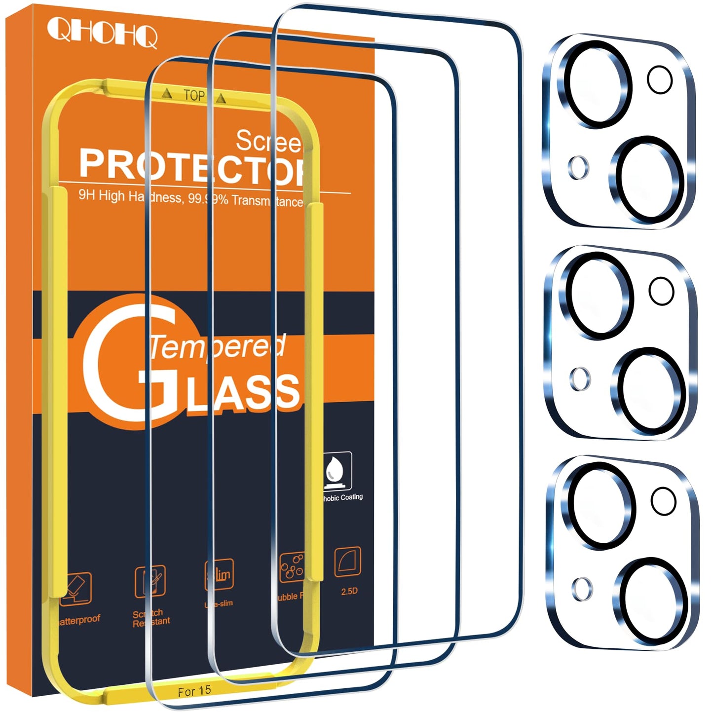 QHOHQ 3 Pièces Verre Trempé pour iPhone 15 [6,1 Pouces] avec 3 Pièces Caméra Arrière Protecteur, Ultra Résistant Film Protection écran, HD Transparent, Sans Bulles, Dureté 9H Glass