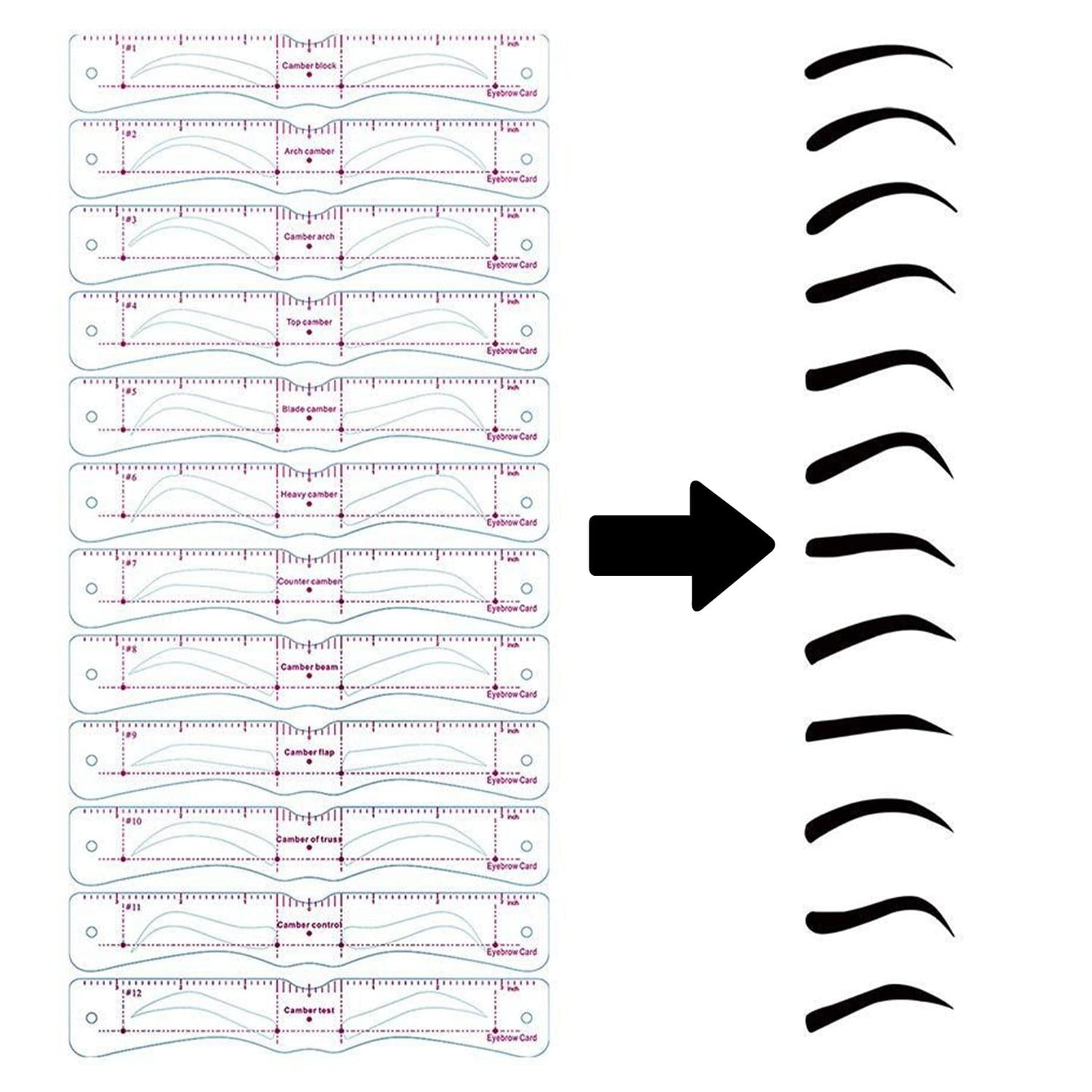 12 pièces de sourcils en forme de cartes, avec 10 pièces de sourcils noirs brosses, novice auxiliaire sourcil outils de dessin, tête-monté sourcils moules, maquillage sida