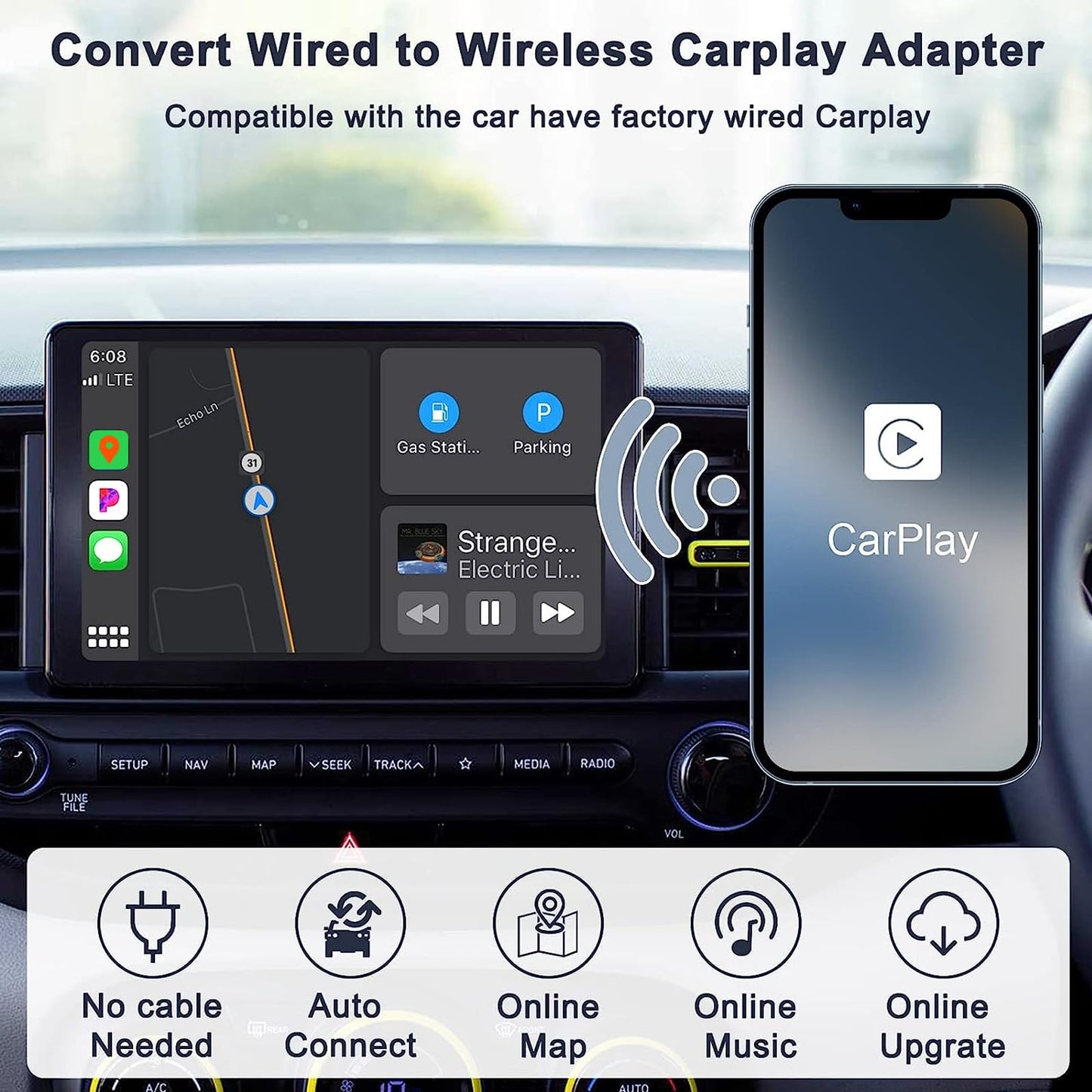 Adaptador Carplay inalámbrico, Car Play inalámbrico para iPhone, Bluetooth CarPlay Convierte OEM Car Play cableado a inalámbrico para Audi, Porsche, Volvo, Mercedes, etc.