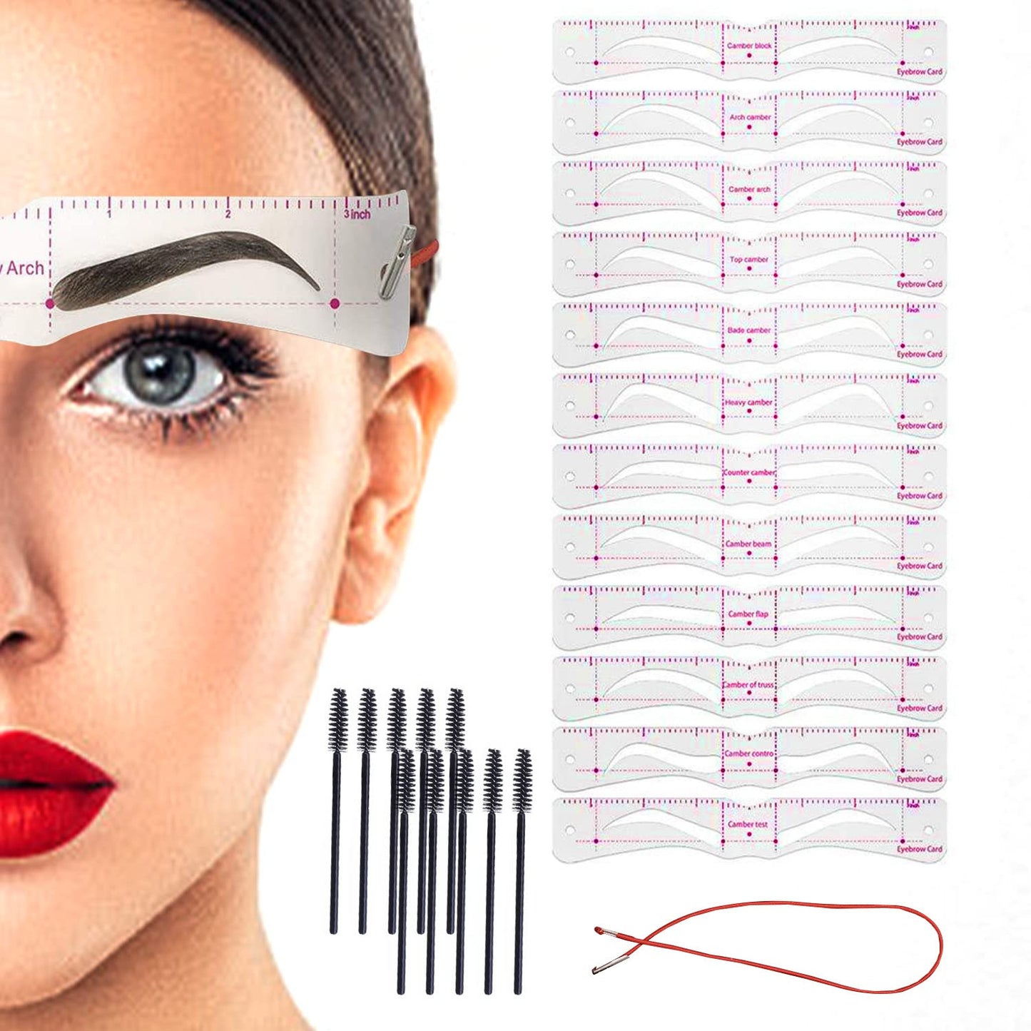 12 pièces de sourcils en forme de cartes, avec 10 pièces de sourcils noirs brosses, novice auxiliaire sourcil outils de dessin, tête-monté sourcils moules, maquillage sida