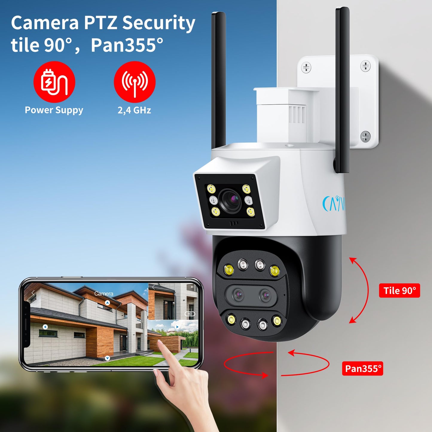 CAYVIS Camera Surveillance WiFi Exterieure, PTZ Caméra IP Extérieur/Intérieur WiFi 1080P Caméra, Détection de Forme Humaine Mouvement,Vision Nocturne Couleur 20M, Audio Bidirectionnel,Étanche IP66