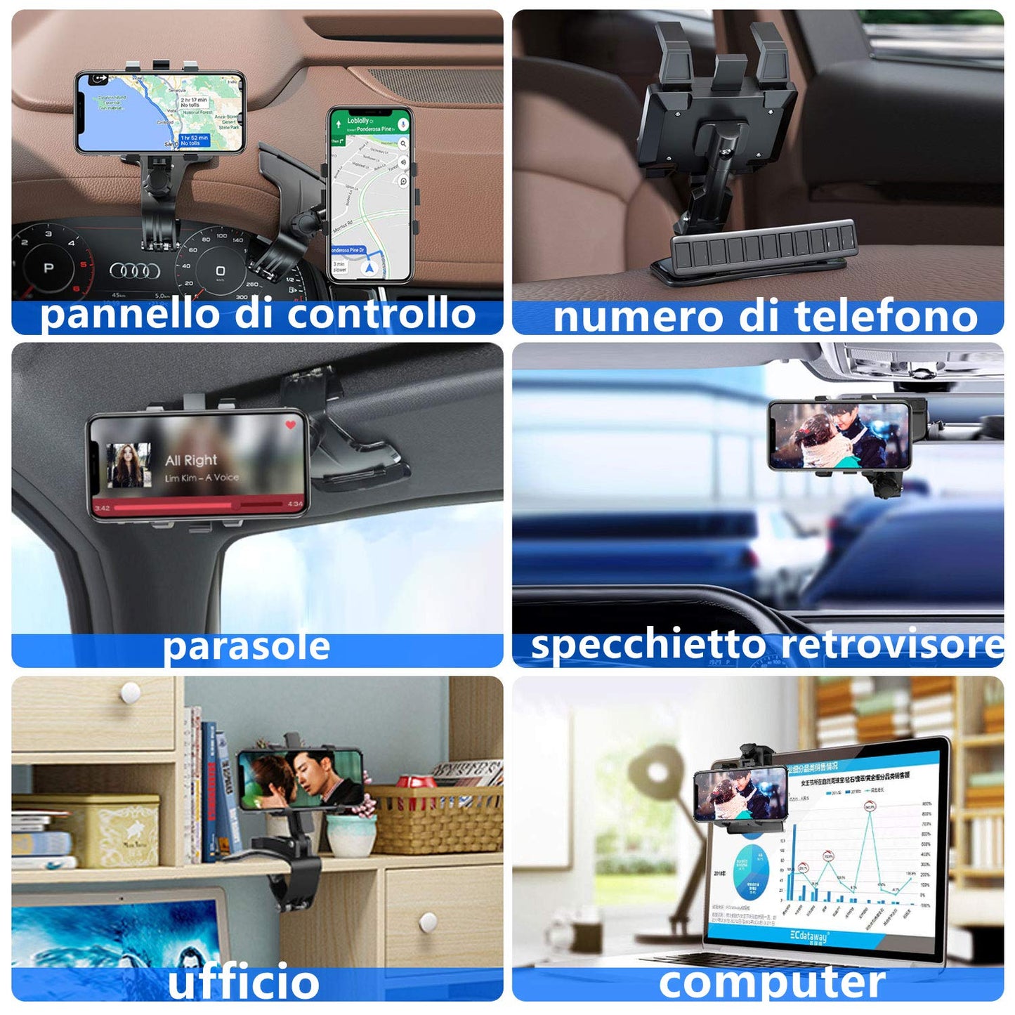 DMJWAN Support de téléphone de Voiture, rétroviseur Multifonction pour Tableau de Bord de Voiture avec Pince à Ressort réglable à 360 °, adapté aux Smartphones de 3 à 7 Pouces