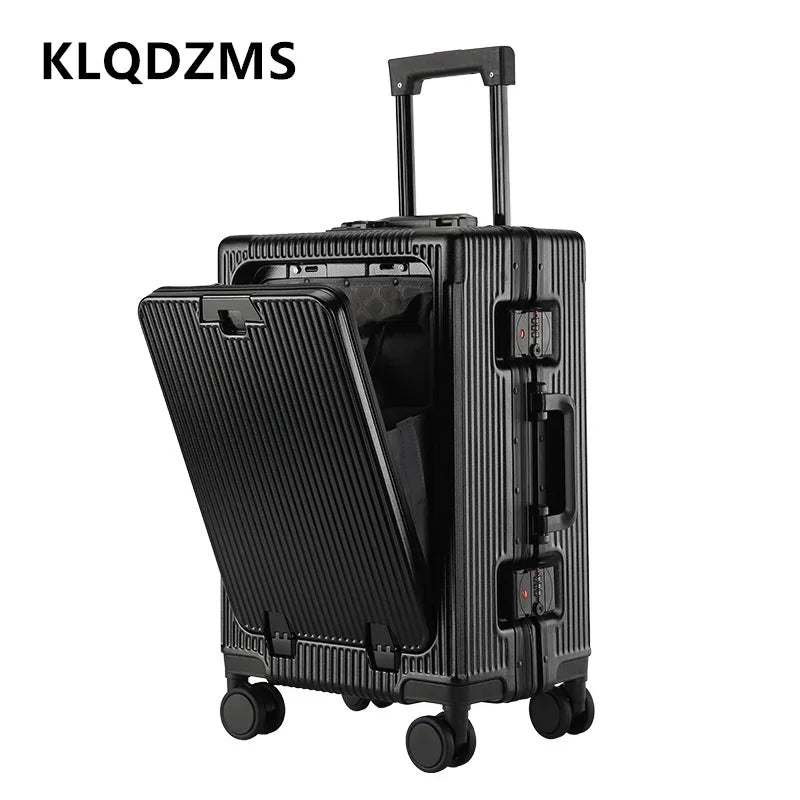 KLQDZMS Laptop Suitcase Front Opening Boarding Case Aluminum Frame Trolley Case 20"24 Inch USB Charging Travel Bag Luggage