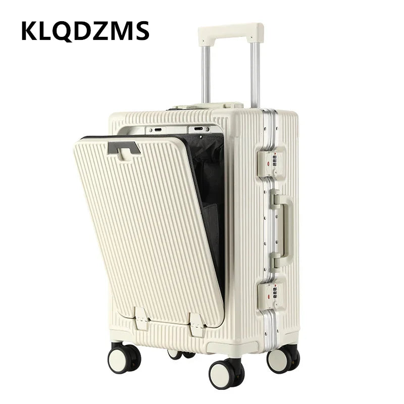 KLQDZMS Laptop Suitcase Front Opening Boarding Case Aluminum Frame Trolley Case 20"24 Inch USB Charging Travel Bag Luggage